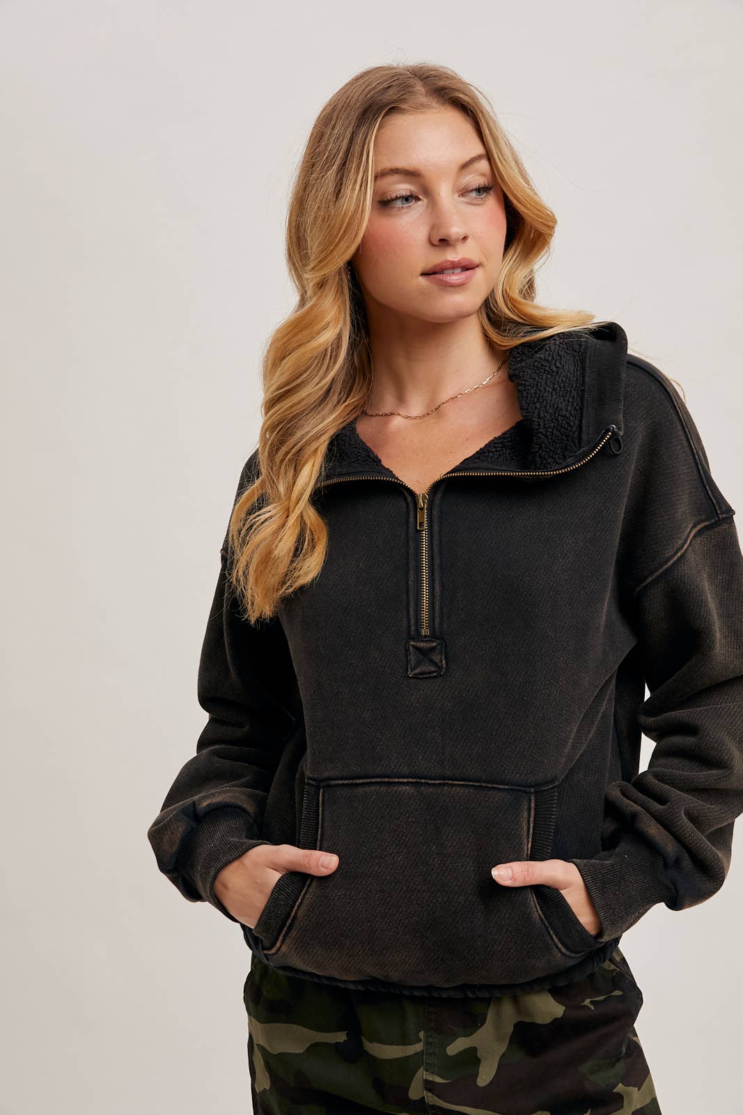HALF ZIPPER FRONT HOODIE SWEATSHIRT WITH INNER FLEECE