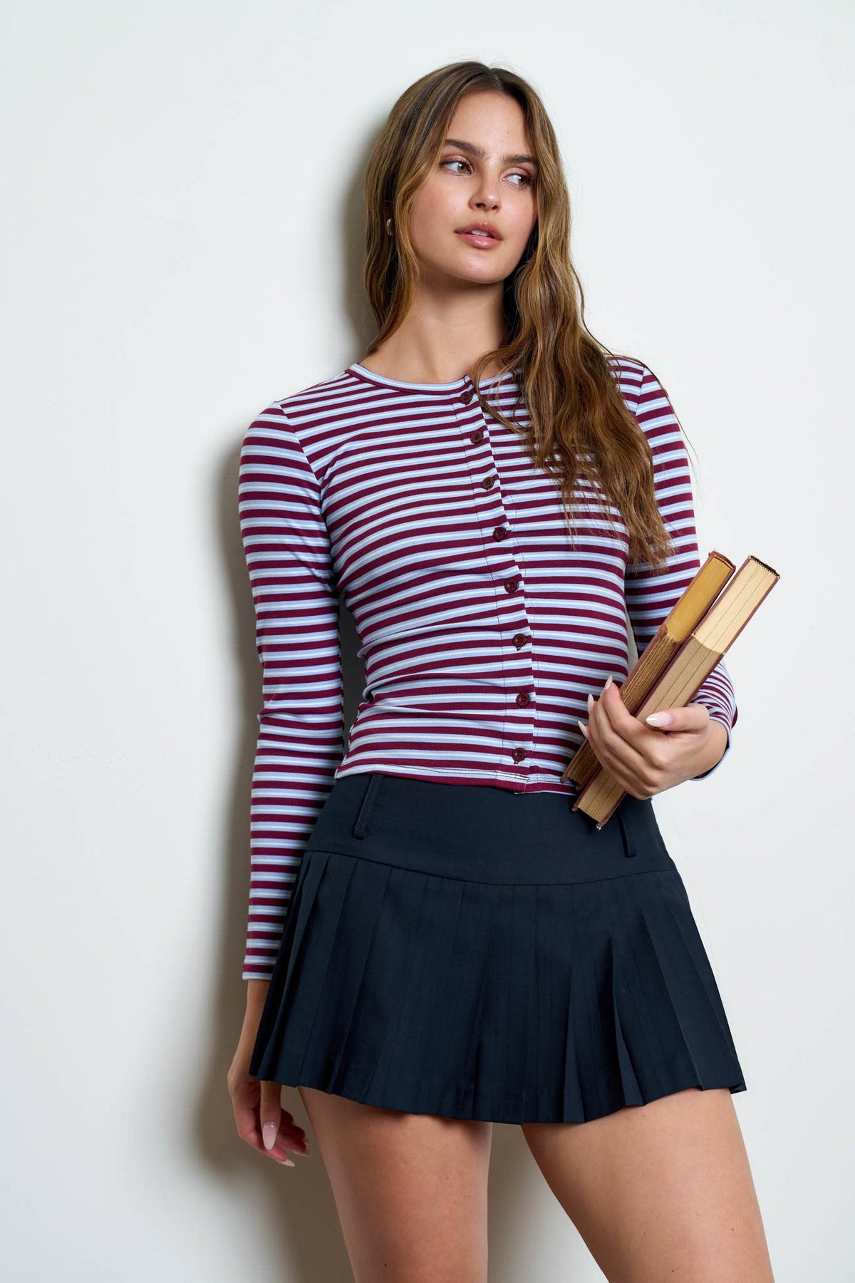 BUTTON DOWN CREW NECK STRIPED LONG SLEEVE KNIT TOP