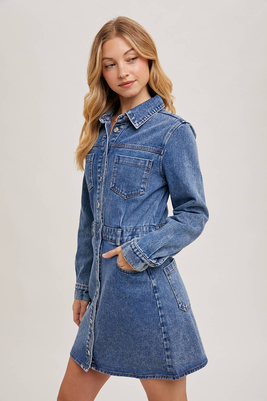 DENIM BUTTON DOWN SHIRT MINI DRESS
