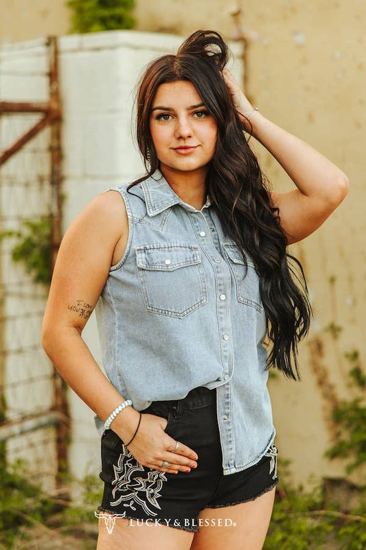 Plus Size Vintage Acid Wash Sleeveless Western Denim Shirt