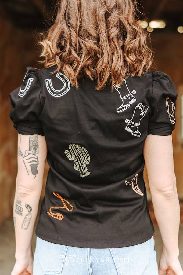 Black Western Contrast Embroidered Puff Sleeve Top