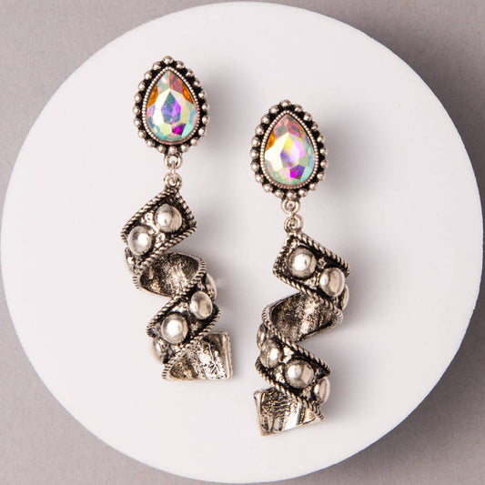 Western Teardrop Cut Crystal Spiral Post Earrings