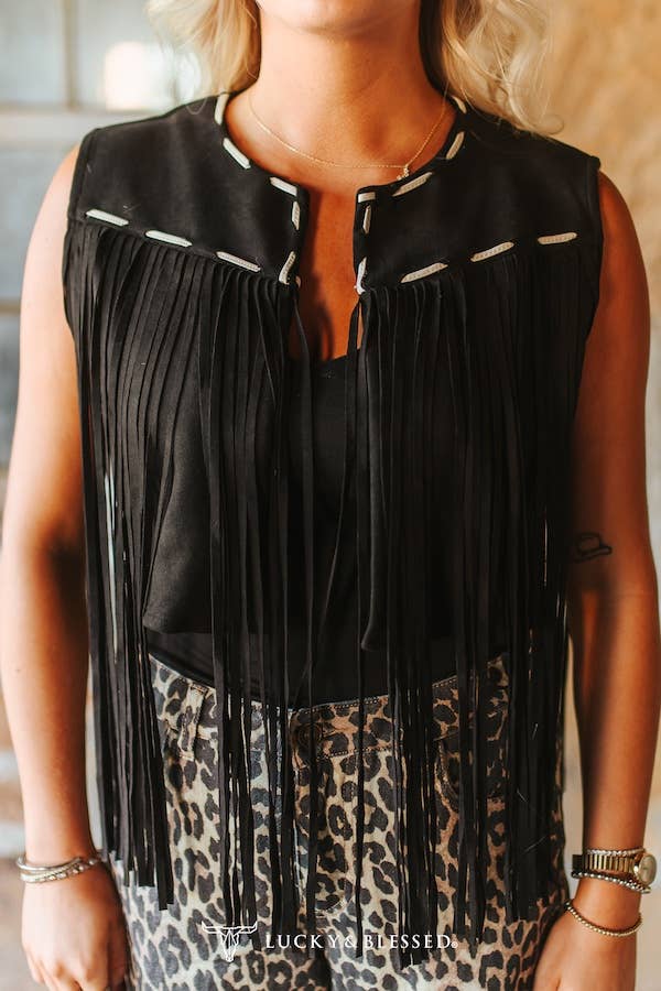 Black Stretch Suede Contact Buck-stitch Fringe Vest