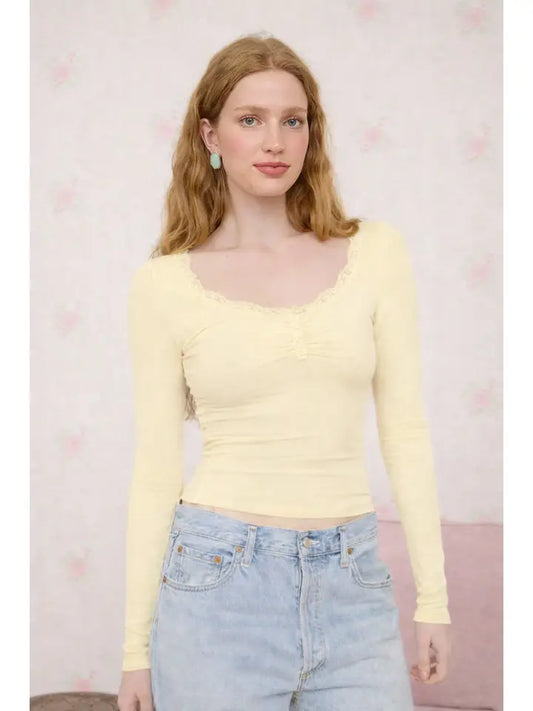 Lace Trim Button Detail Long Sleeve Knit Top