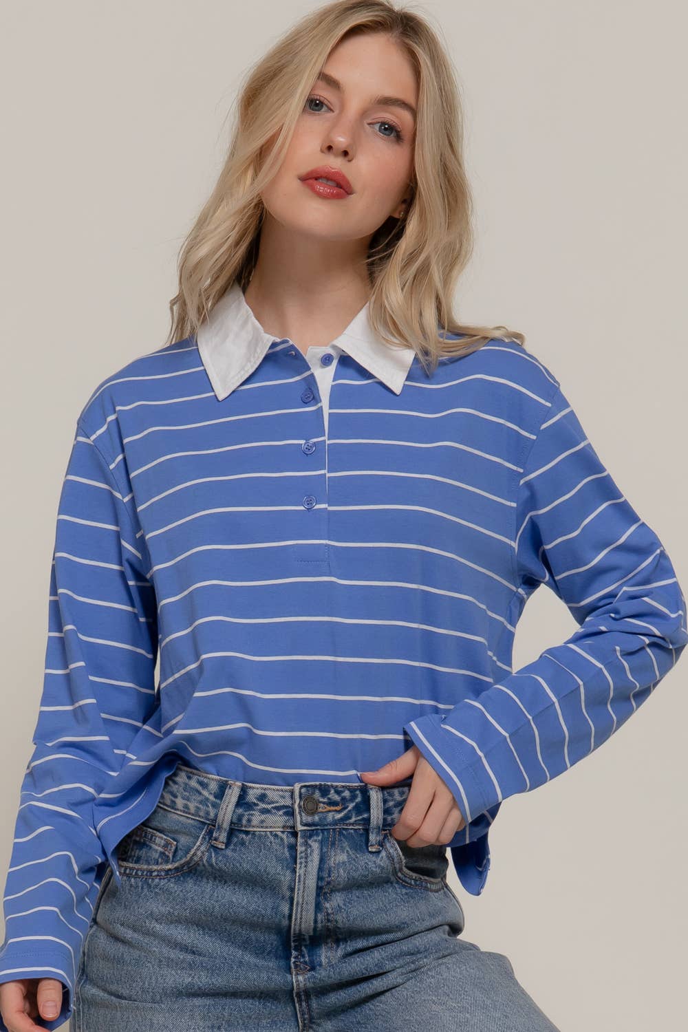 Long Sleeve Y/D Stripe Cotton Polo Shirt