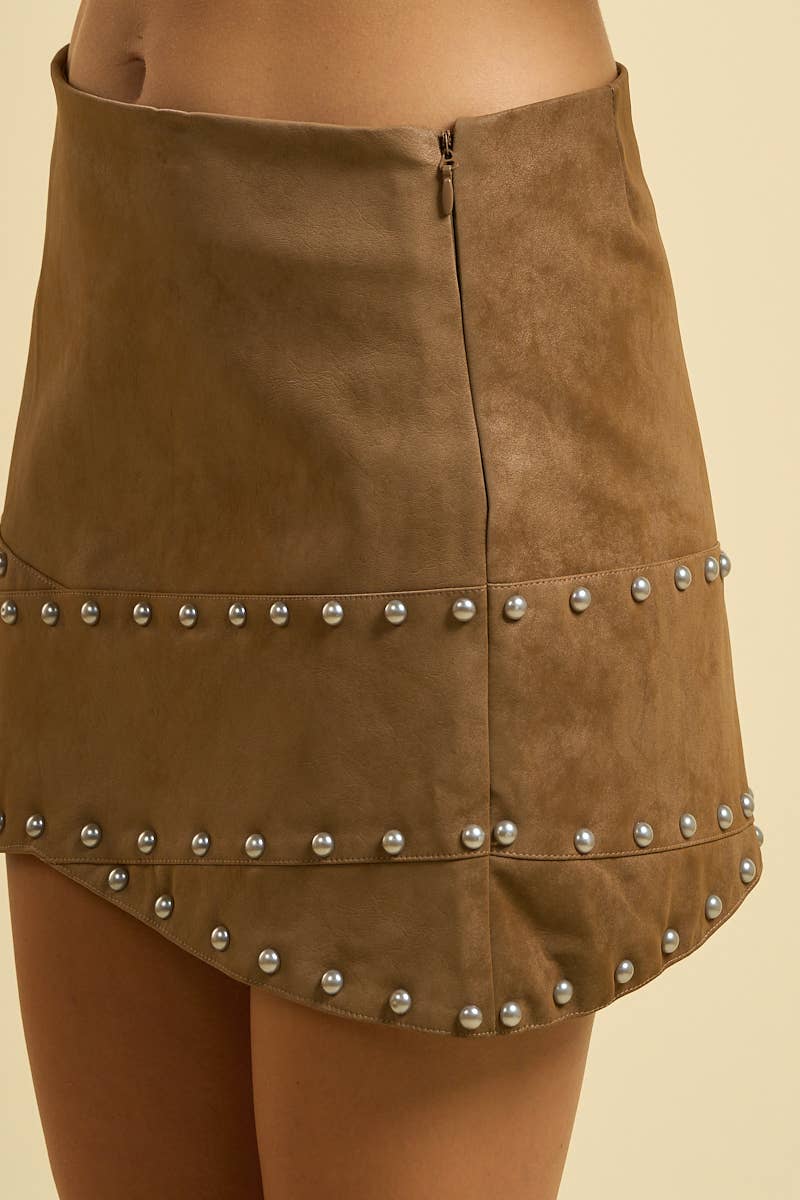 6731-Faux Suede Pearl-Studded Mini Skirt