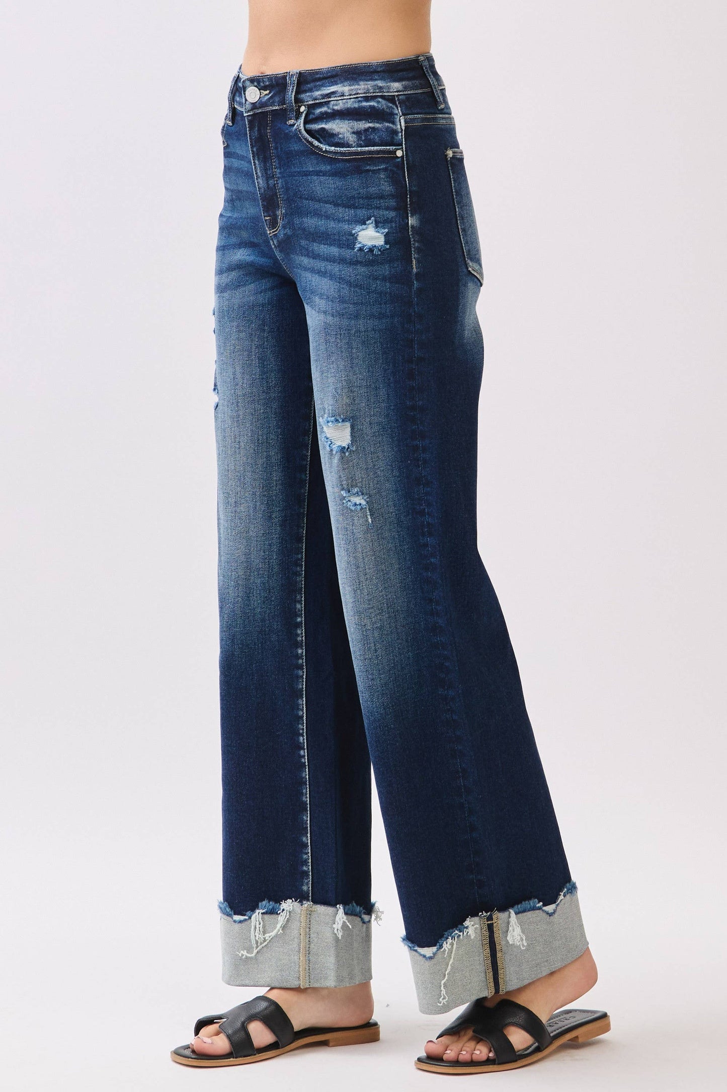 P1554W-DK HIGH RISE STRETCH WIDE LEG W/ CUFFED HEM JEANS