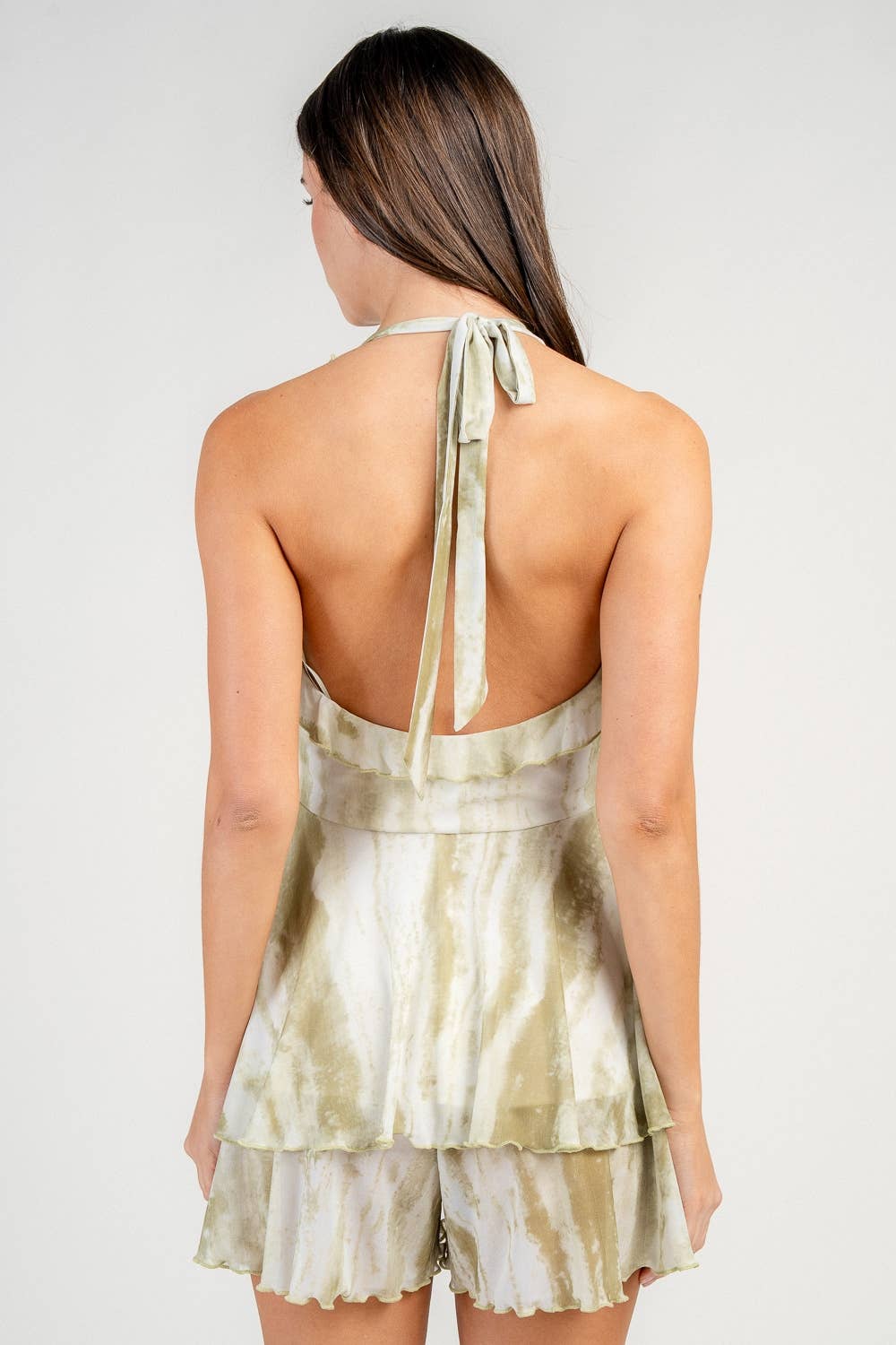 CJ40032N MESH HALTER DEEP V-NK RUFFLED ROMPER