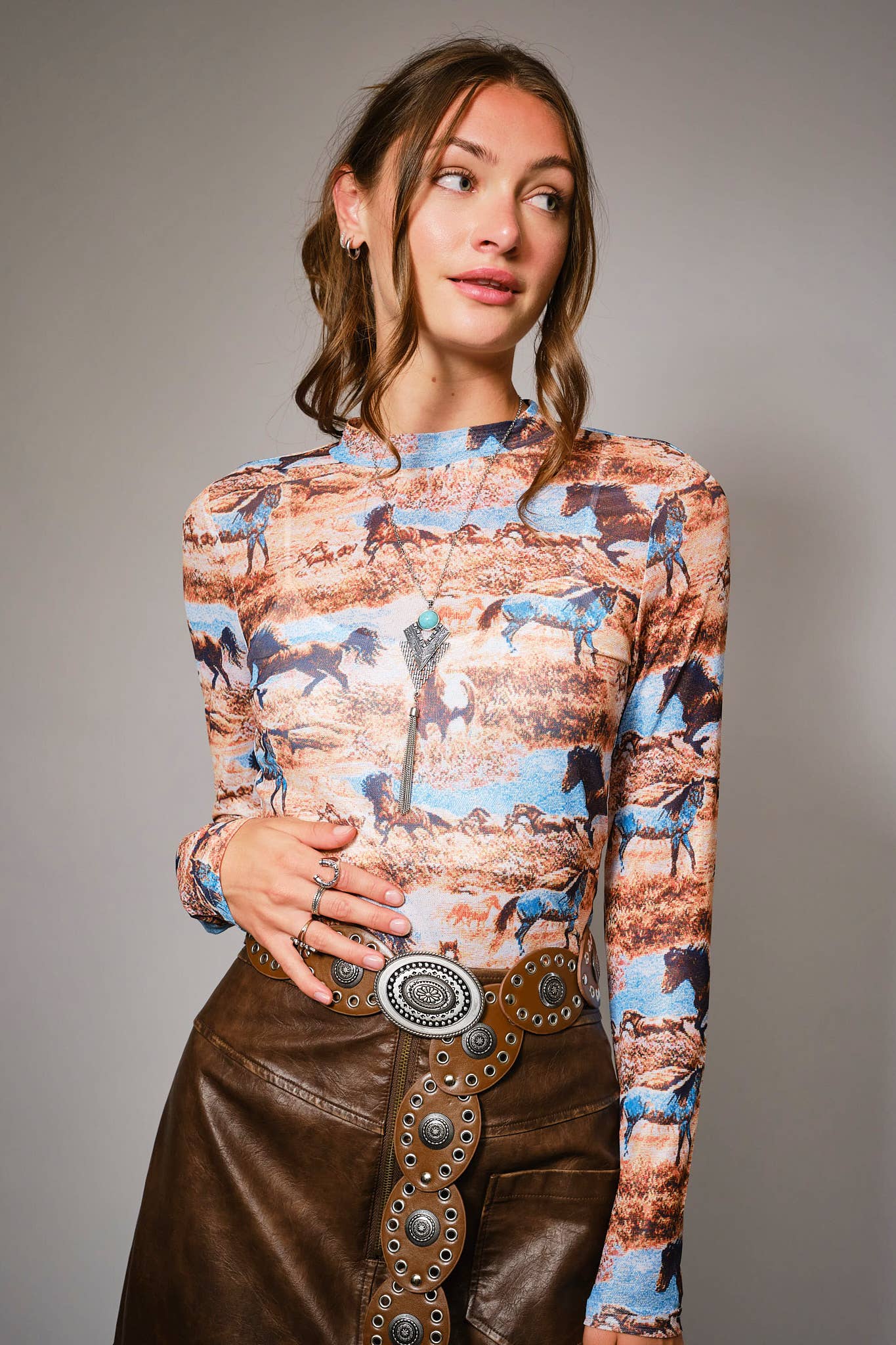 33151T - Western Mesh Mock Neck Top