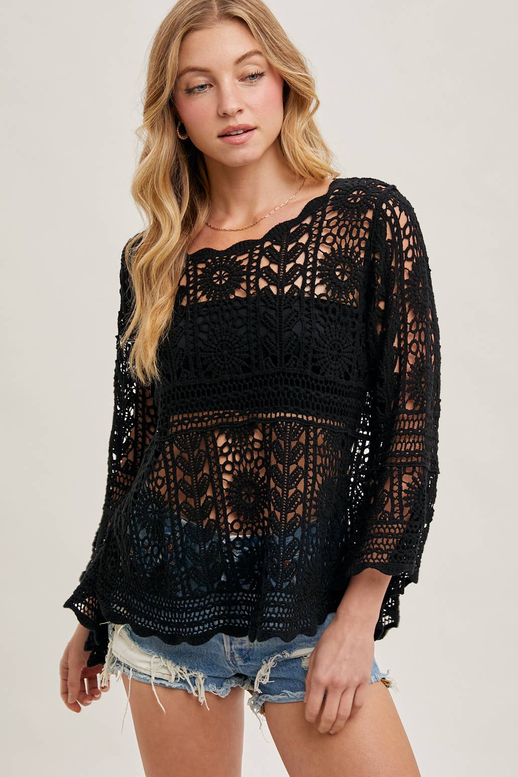 CROCHET SHEER BELL-SLEEVE PULLOVER TOP