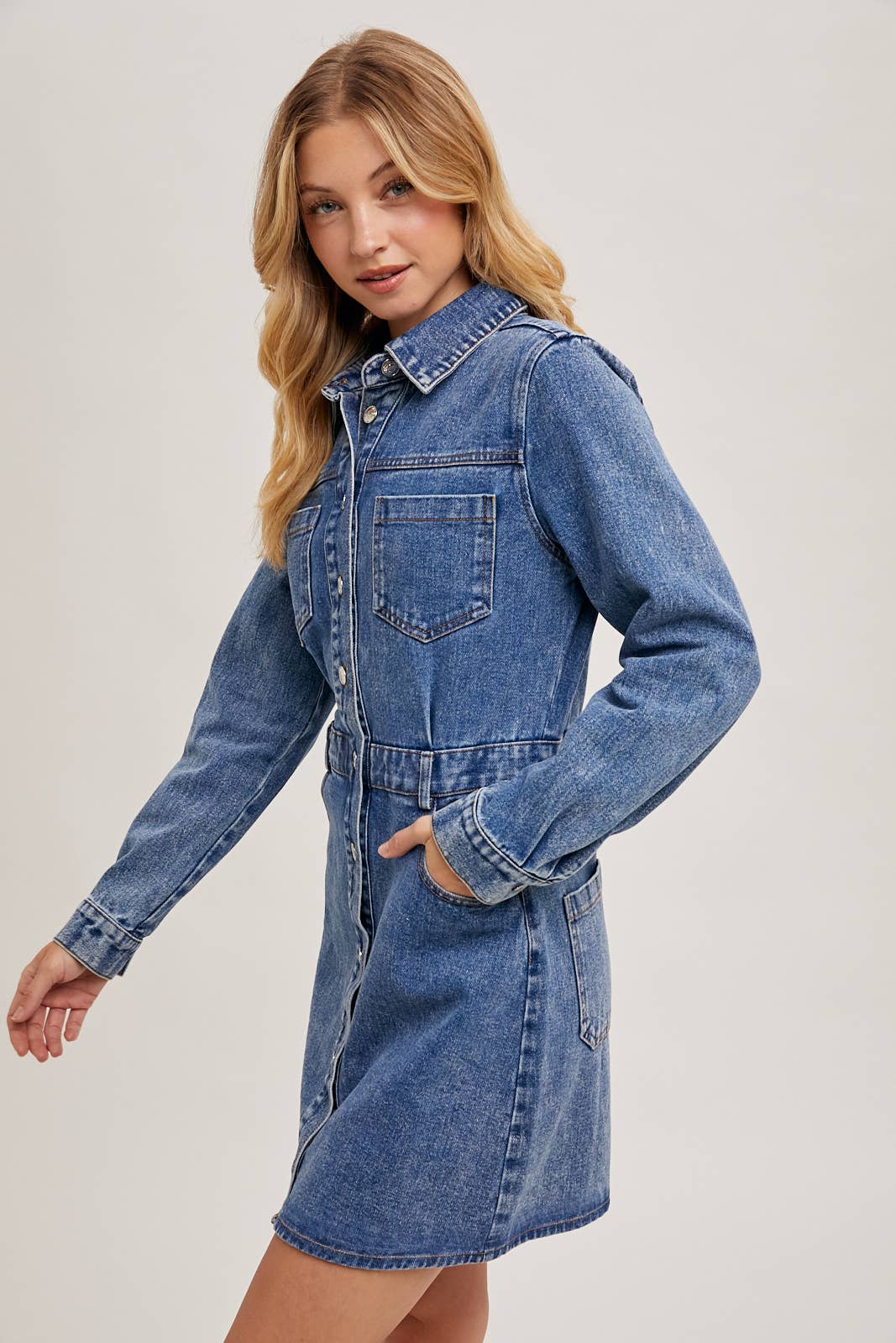 DENIM BUTTON DOWN SHIRT MINI DRESS