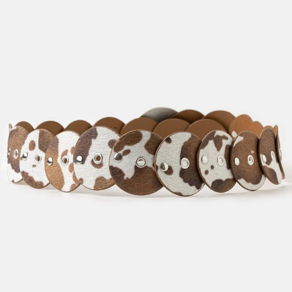 Western Inspired Faux Cowhide Large Round Buckle Belt