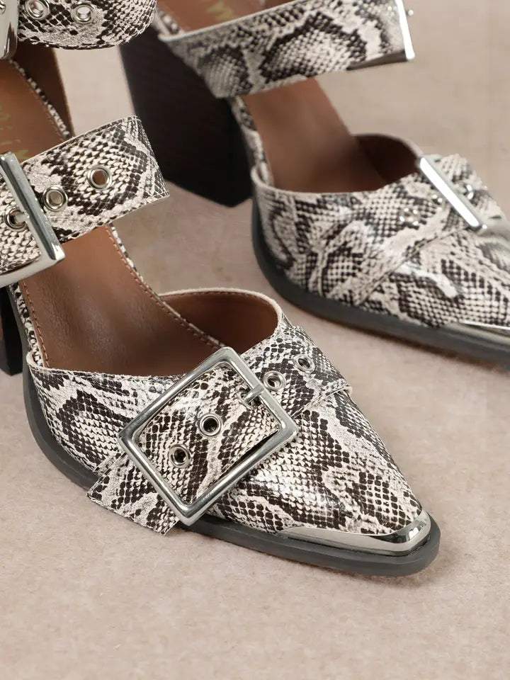 Hendrix Triple Belt Strap Pointed Toe Block Heels