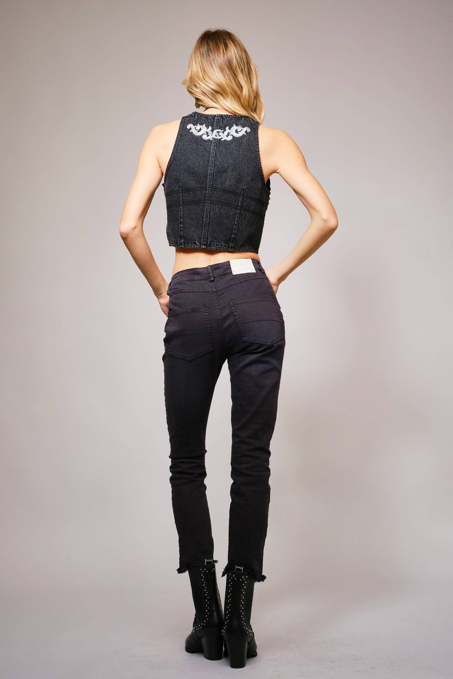 23547J - Embroidered Hook & Eye Denim Vest
