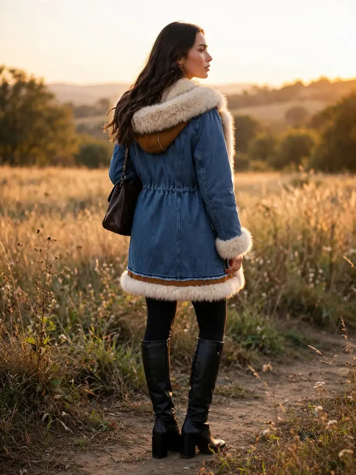 Denim Faux Fur Long Coat
