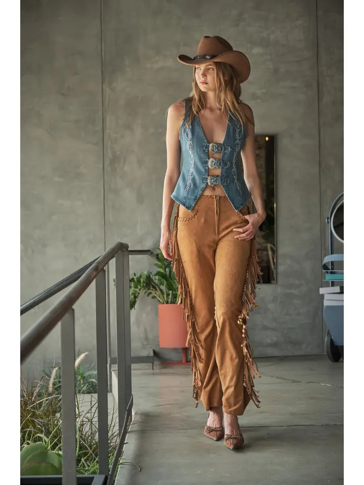 Studded Buckle Denim Top