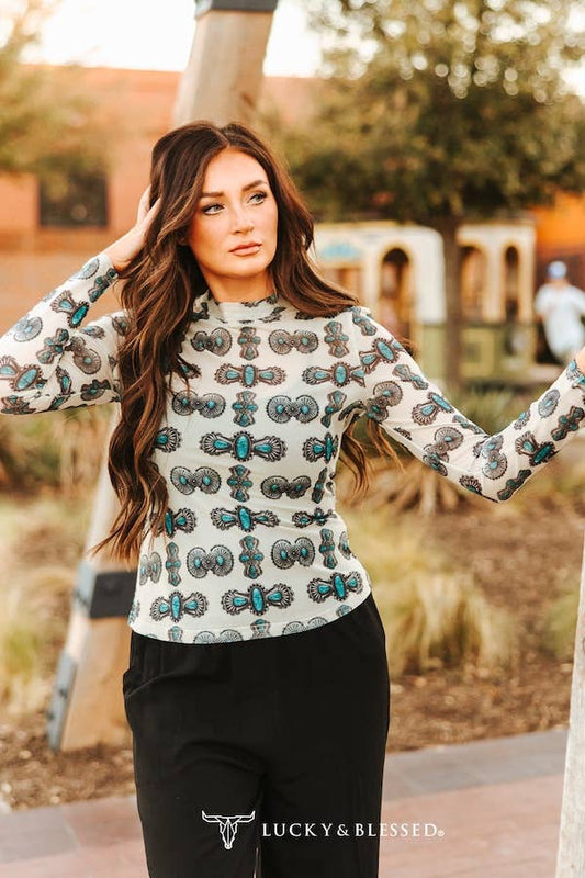 Cream Turquoise Concho Printed Long Sleeve Mesh Top