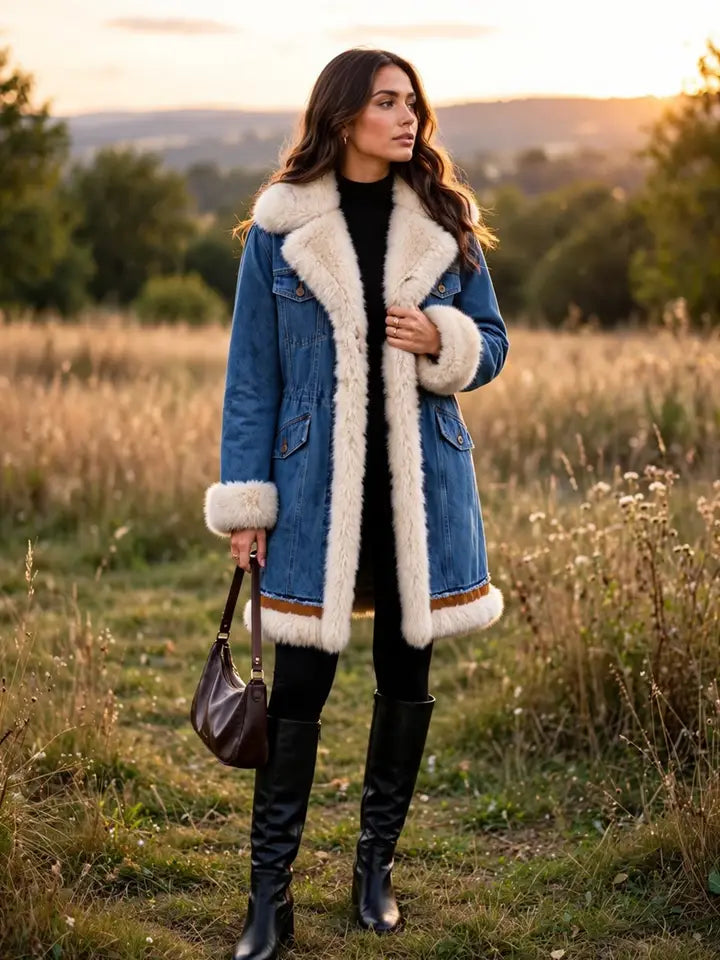 Denim Faux Fur Long Coat