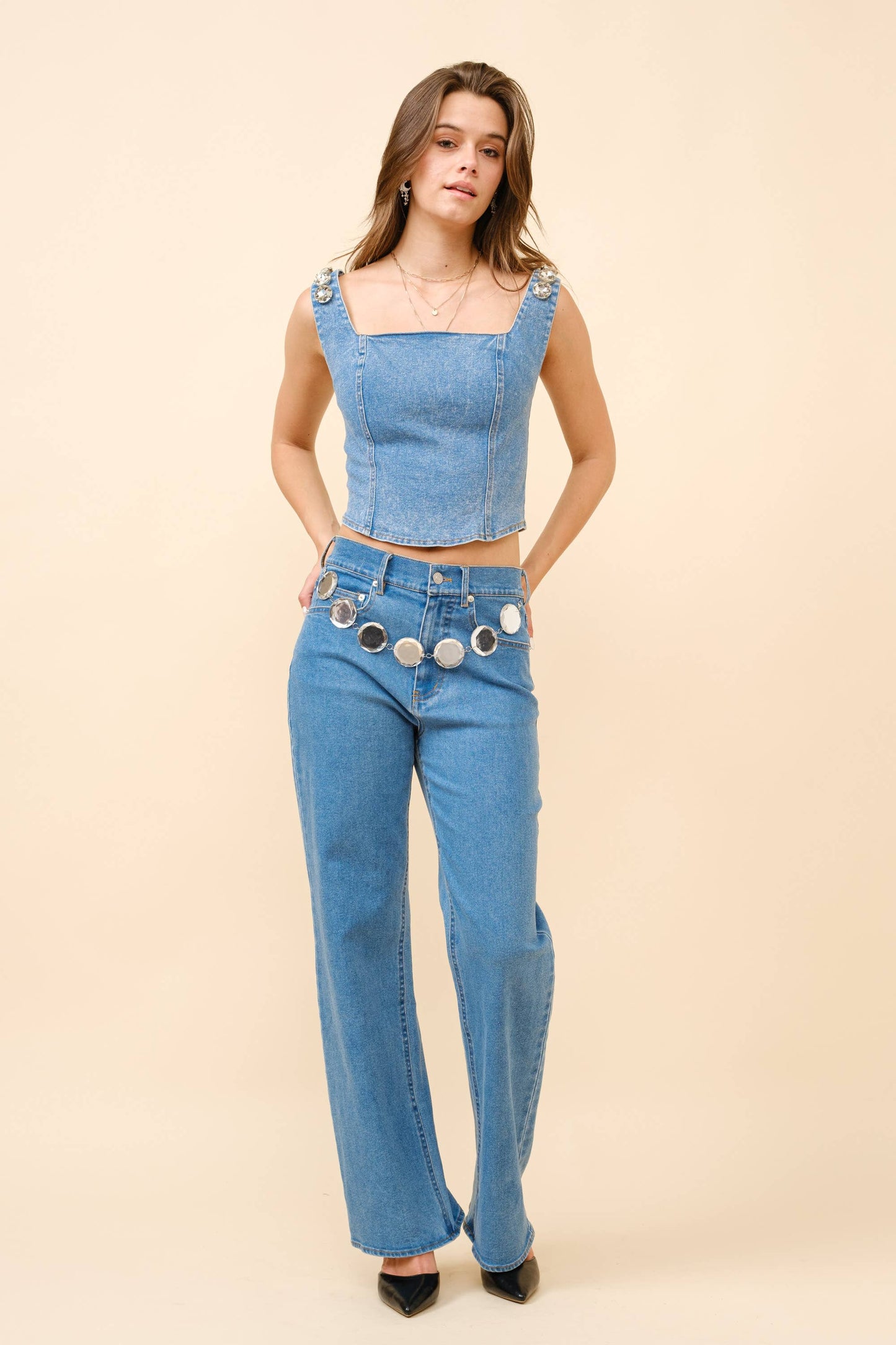 23124T - Jumbo Crystal Corset Denim Top