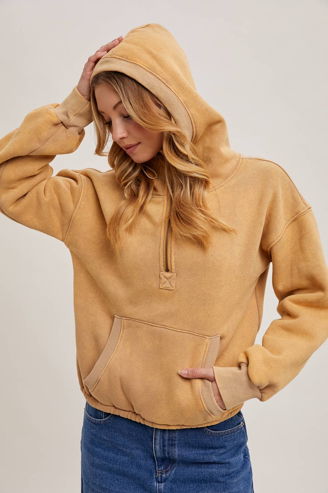 HALF ZIPPER FRONT HOODIE SWEATSHIRT WITH INNER FLEECE