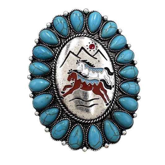 Western Horse Art Turquoise Stone Floral Large Ring