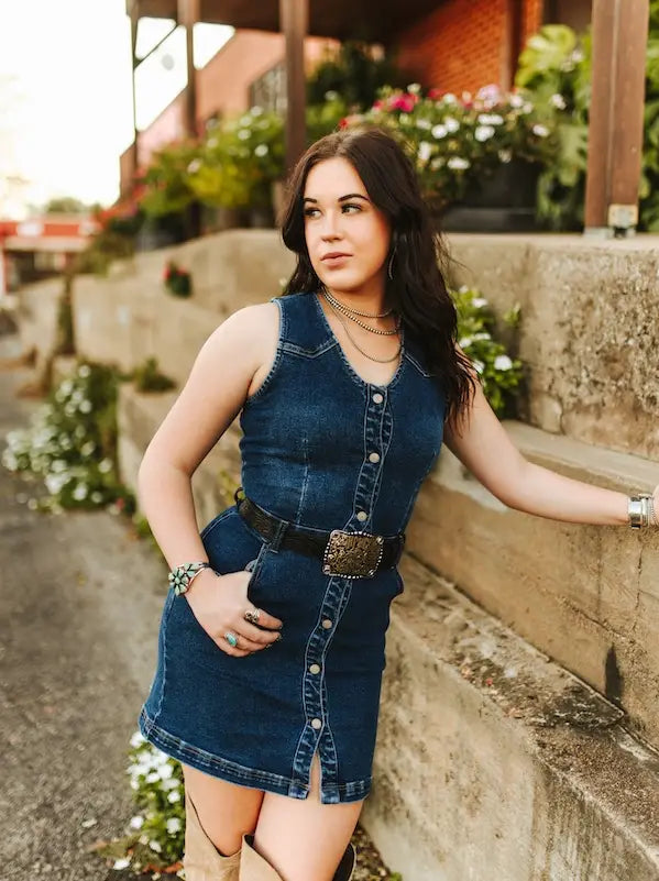 Dark Wash Stretch Denim Western Yoke Button Down Dress