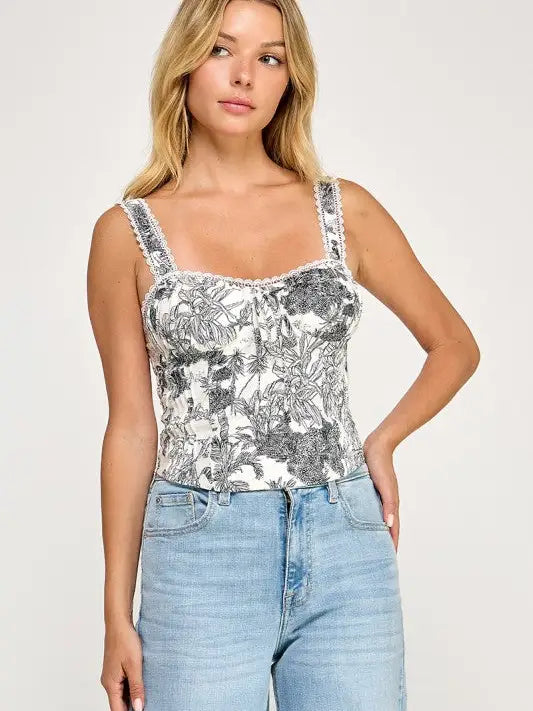 Lace Trim Floral Corset Top