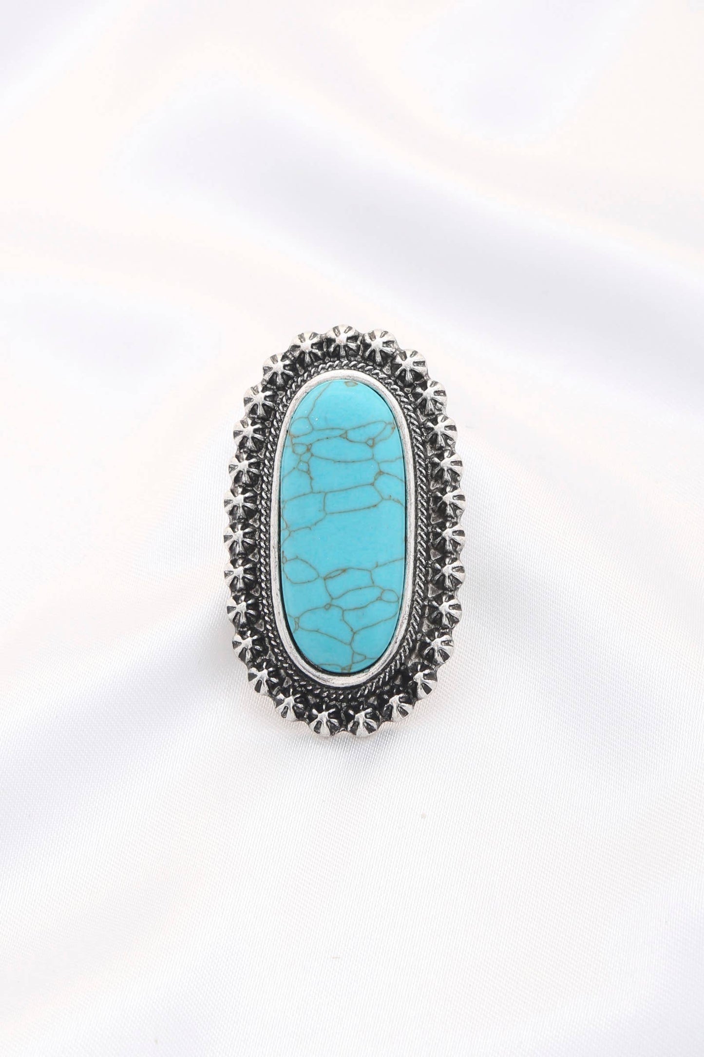 LONG OVAL FAUX TURQUOISE STONE METAL RING, SR 0266