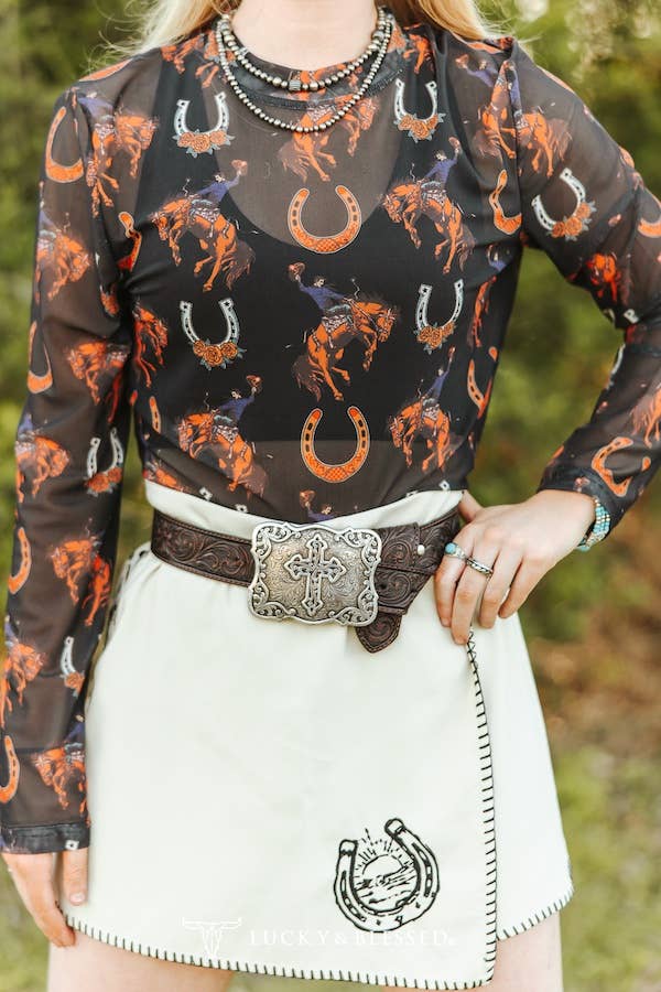 Black Cowboy Horse Shoe Printed Long Sleeve Mesh Top