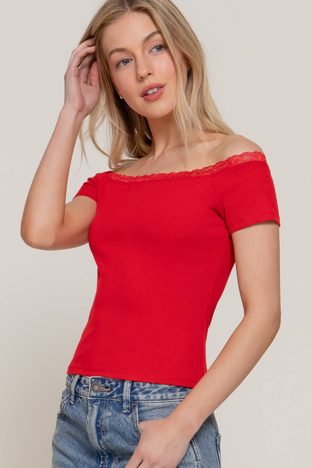 Short Sleeve Off The Shoulder with Lace Trim Knit Top