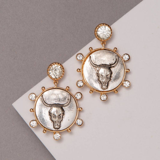 Western Two-Tone Bull Medallion Earrings