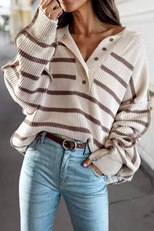 Stripe Henley Neck Long Sleeve Sweater | S-XL