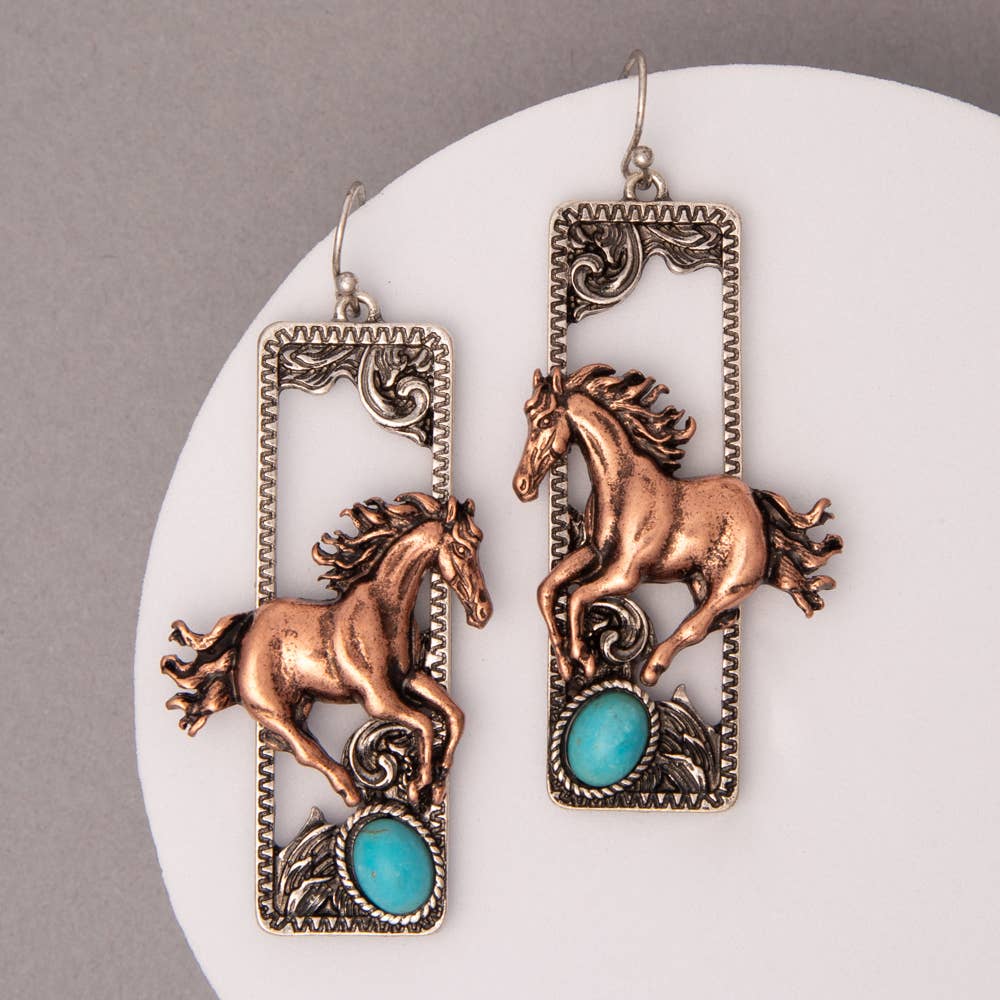 Western Turquoise Embellished Wild Horse Dangle Earrings