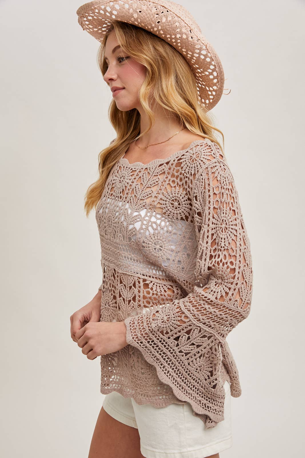 CROCHET SHEER BELL-SLEEVE PULLOVER TOP