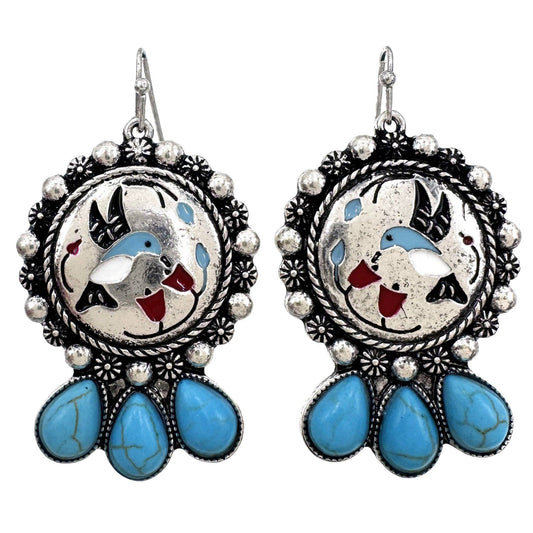 Hummingbird Art Turquoise Stone Floral Earrings