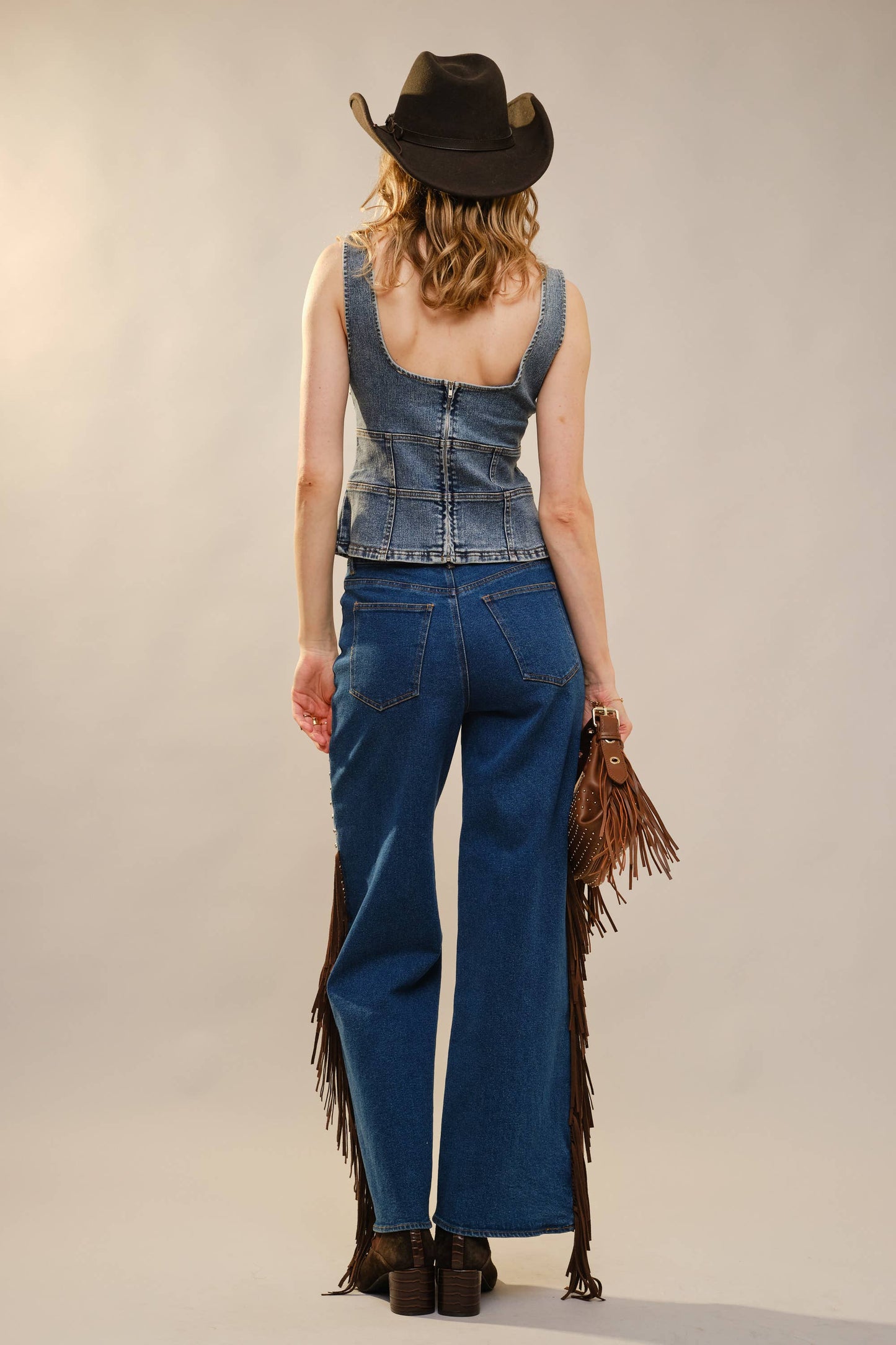 23685T - Square Neck Metal Studs Lace-Up Top