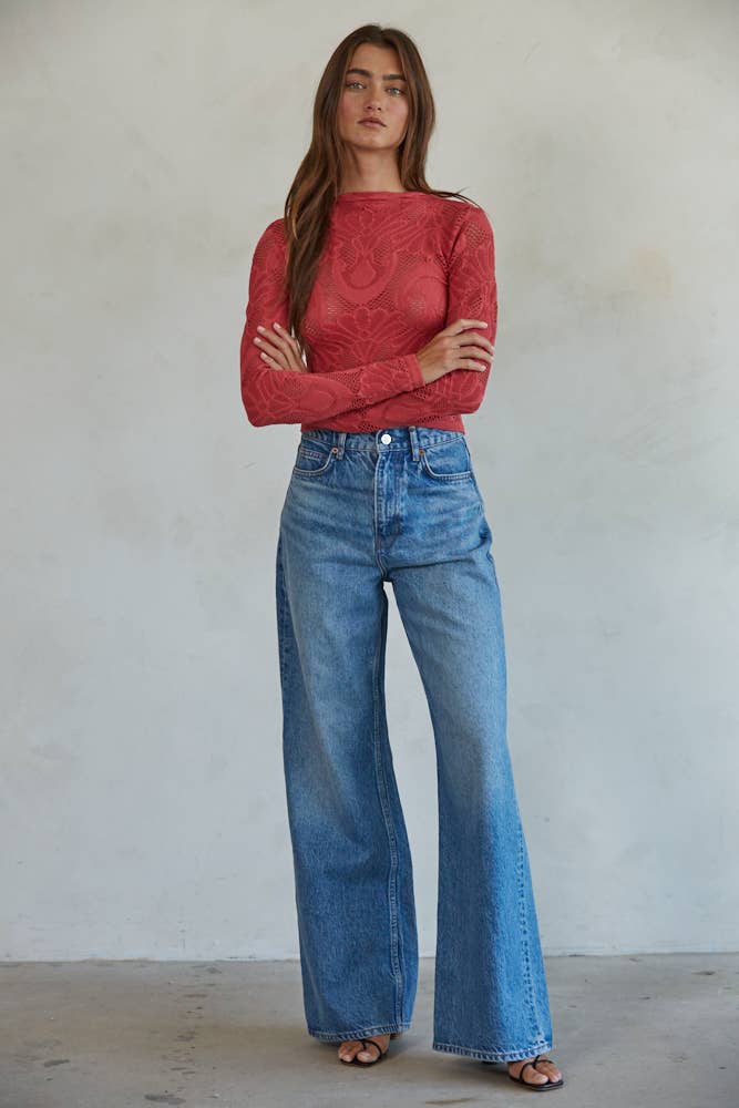 S1228 | Knit Seamless Jacquard Mock Neck Long Sleeve Top