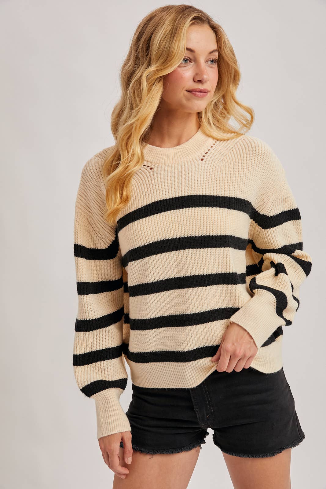 STRIPED CHUNKY RIB-KNIT SWEATER