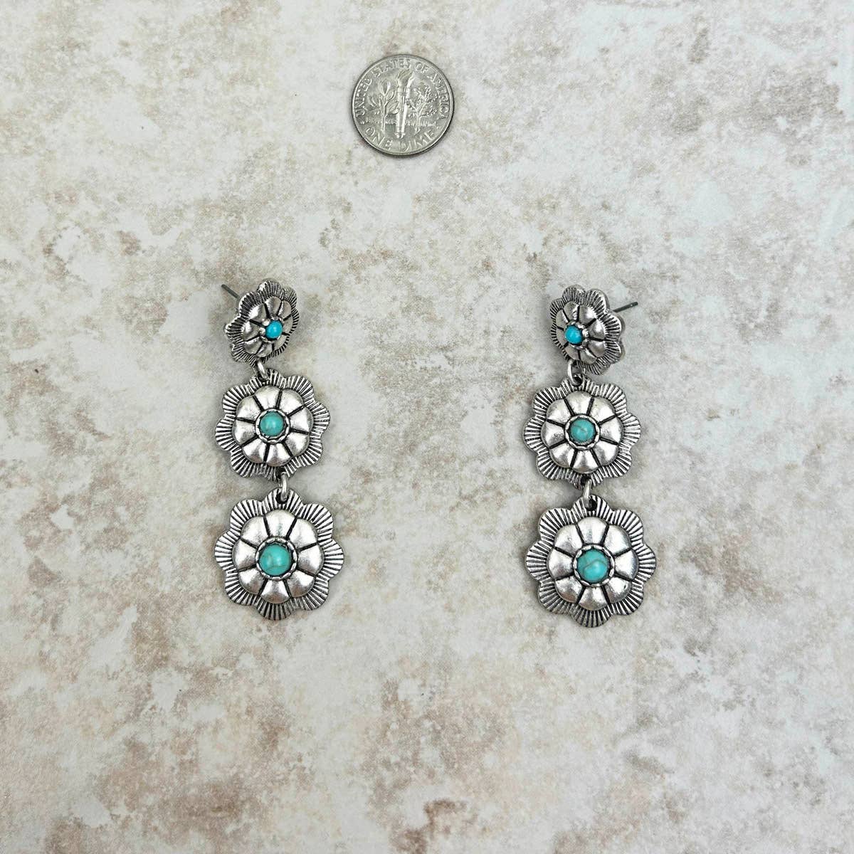 ER221115-05-BLUE     3 Silver blue turquoise stone center flower concho dangle Earring