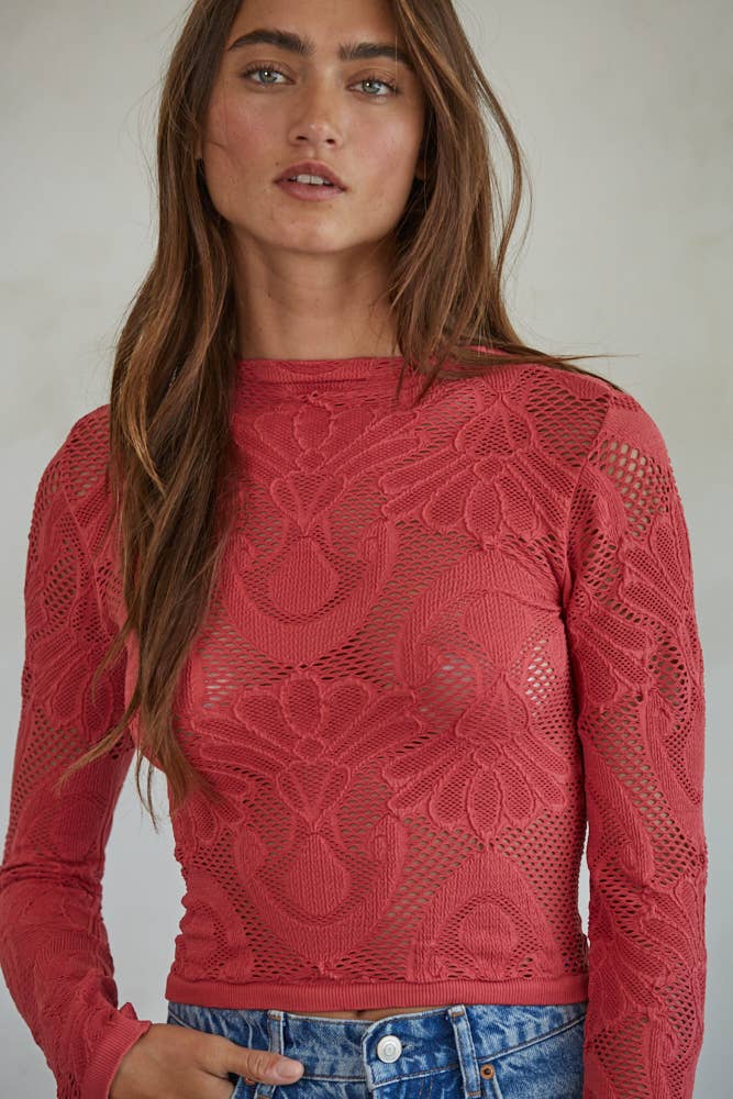 S1228 | Knit Seamless Jacquard Mock Neck Long Sleeve Top