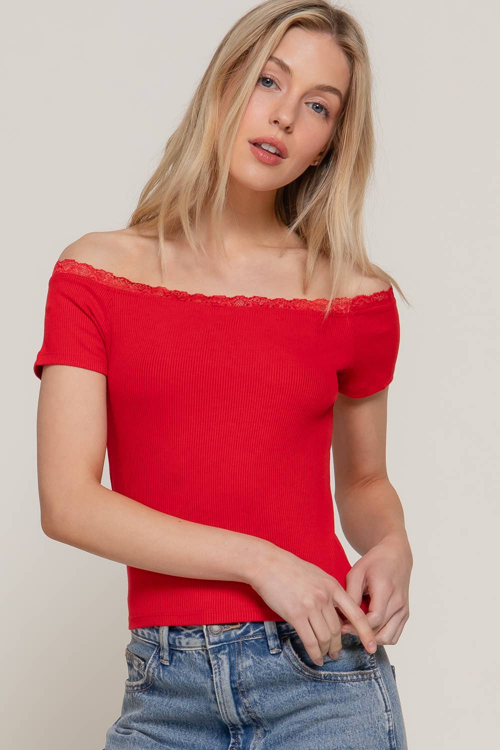 Short Sleeve Off The Shoulder with Lace Trim Knit Top