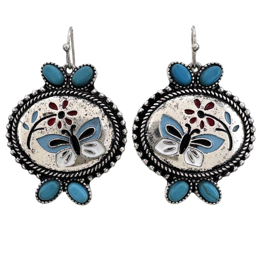 Butterfly Art Turquoise Stone Floral Earrings