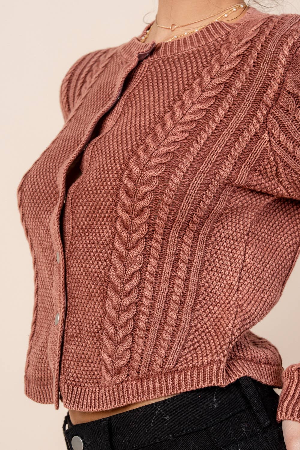 WASHED EFFECT CABLED SWEATER CARDIGAN