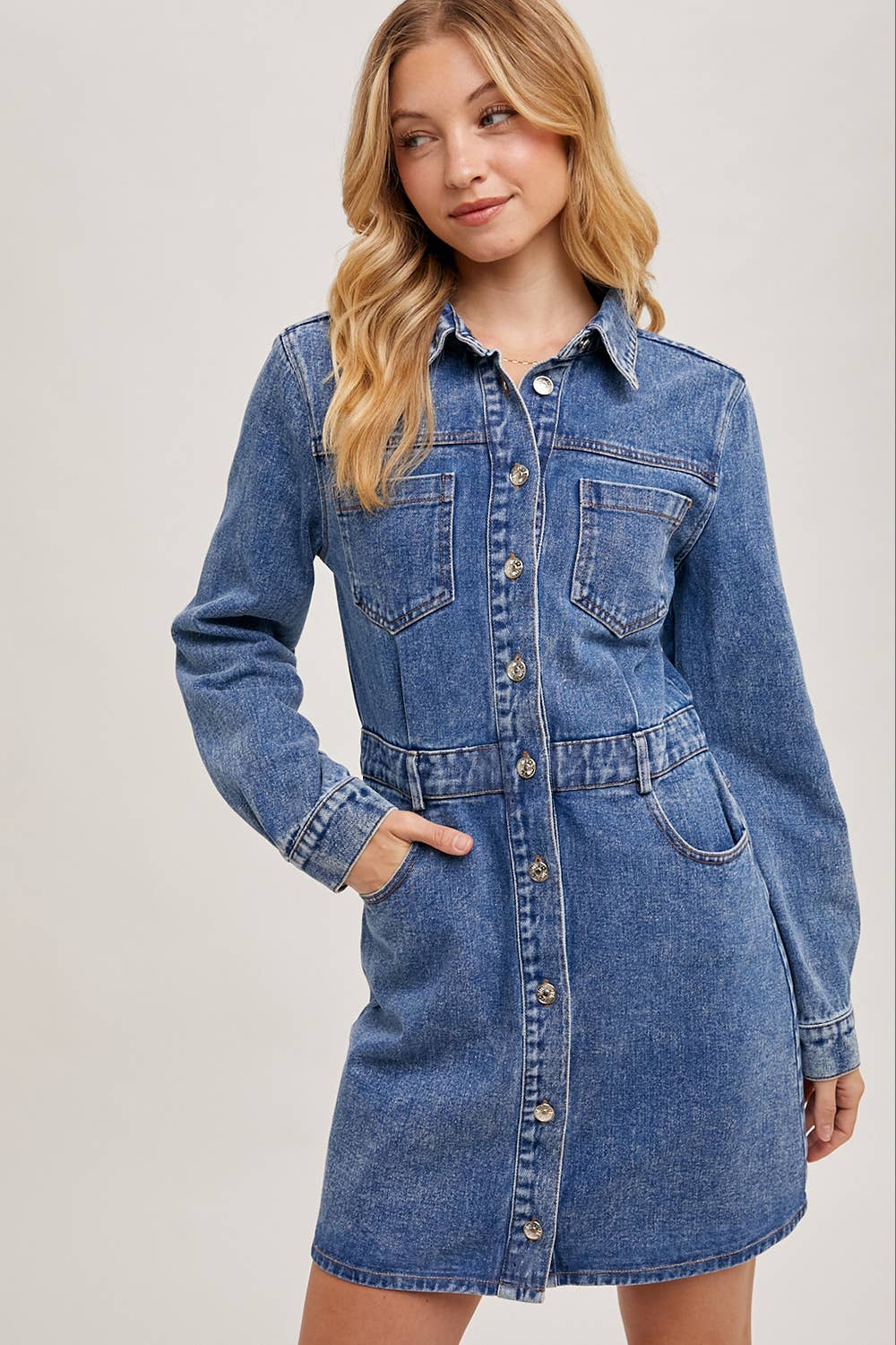 DENIM BUTTON DOWN SHIRT MINI DRESS