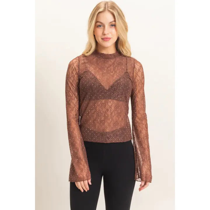 Sheer Lace Gem-Embellished Top