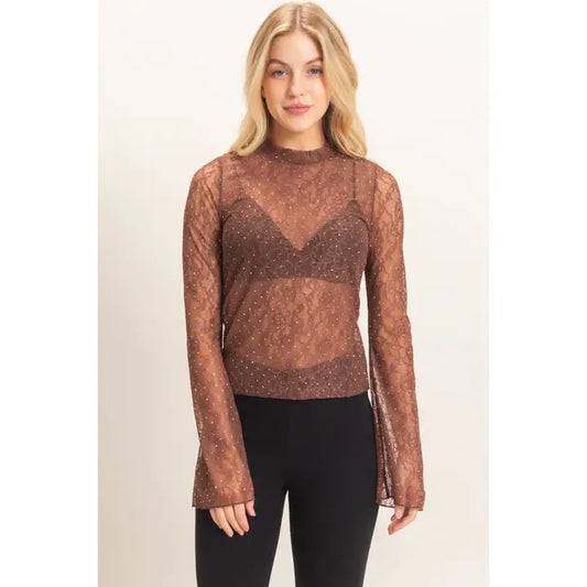 Sheer Lace Gem-Embellished Top