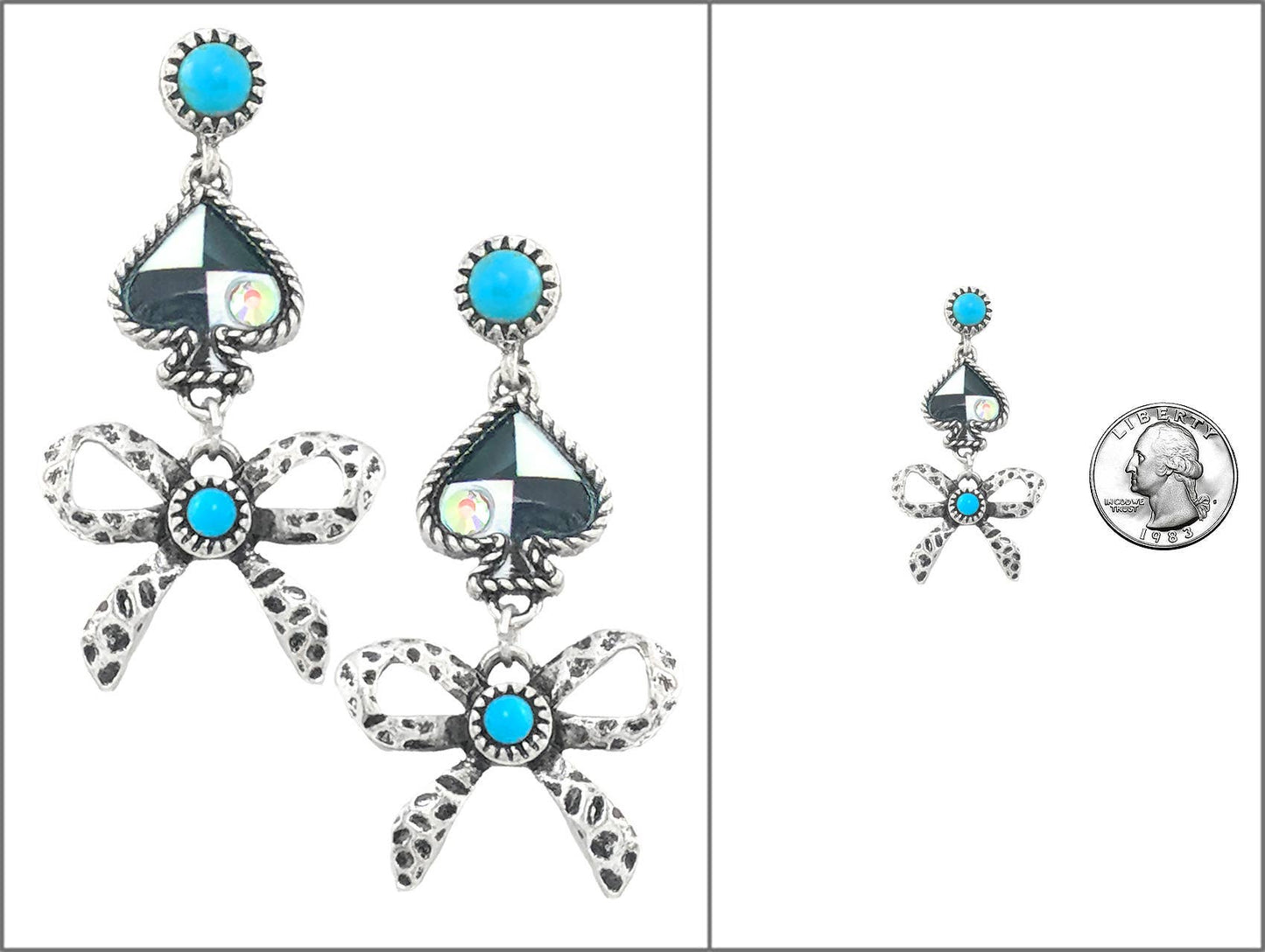 WESTERN SEMI STONE ACE RIBBON BOW DANGLE EARRING, AE 8526