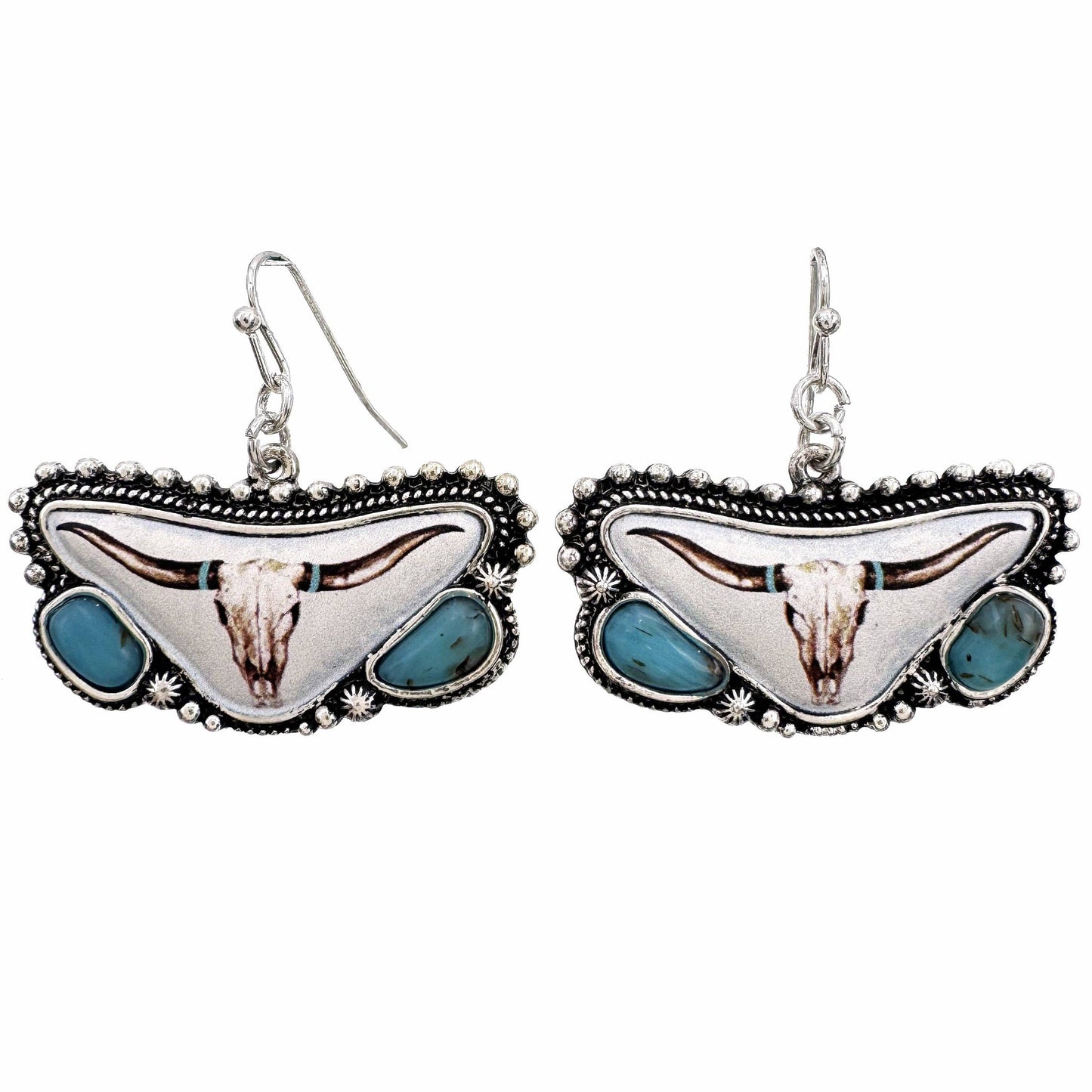 Longhorn Art White Turquoise Western Earrings