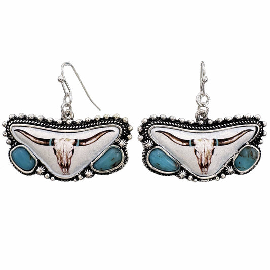 Longhorn Art White Turquoise Western Earrings