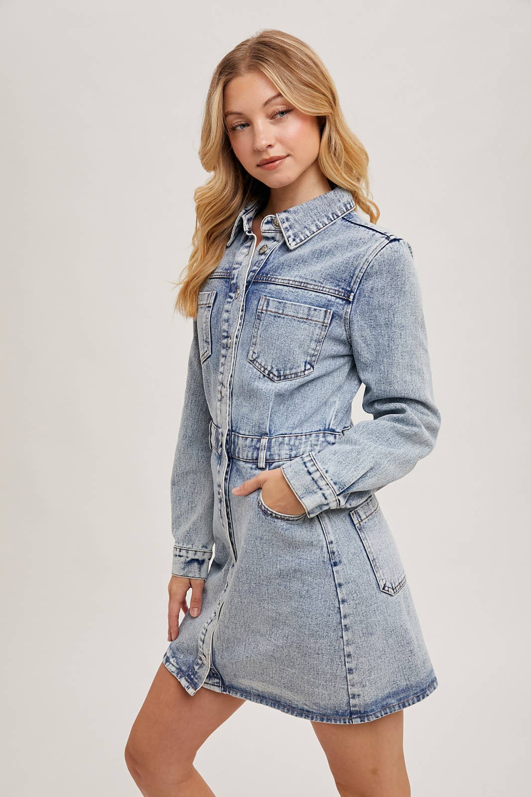 DENIM BUTTON DOWN SHIRT MINI DRESS